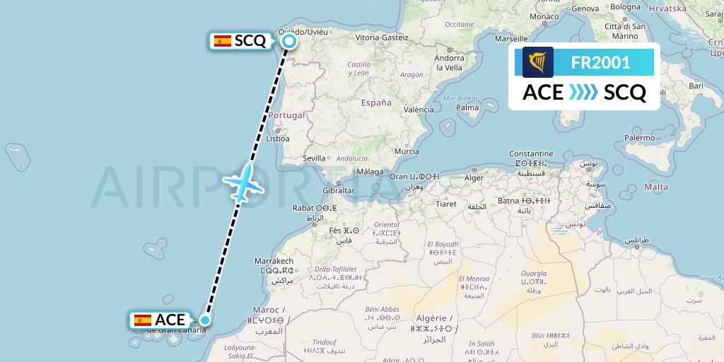 FR2001 Ryanair Flight Map: Lanzarote to Santiago