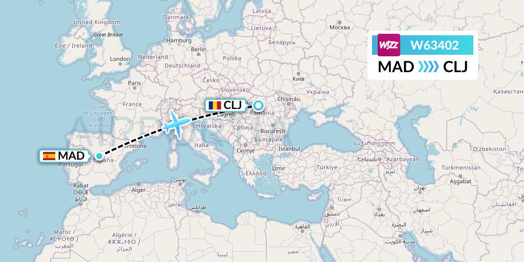 W63402 Wizz Air Flight Map: Madrid to Cluj-Napoca