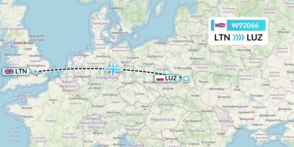 W92066 Wizz Air UK Flight Map: London to Lublin