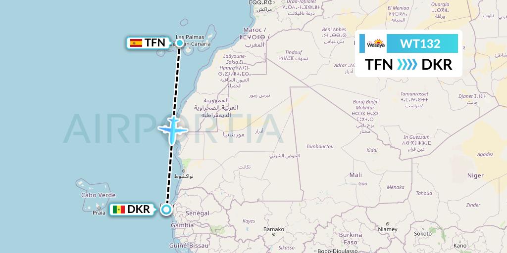 WT132 Swiftair Flight Map: Tenerife to Dakar
