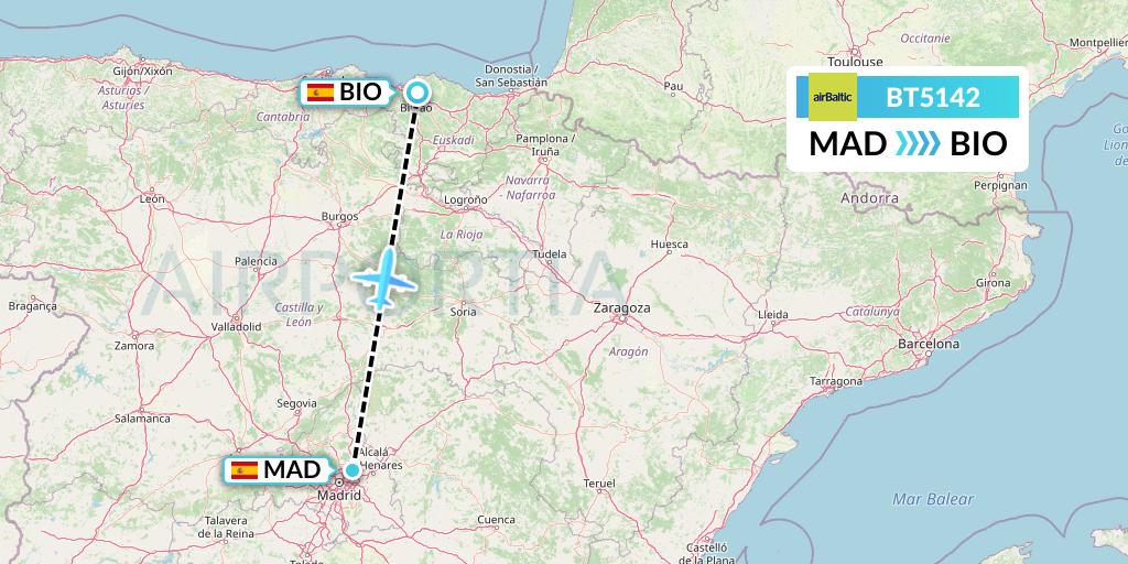 BT5142 Air Baltic Flight Map: Madrid to Bilbao