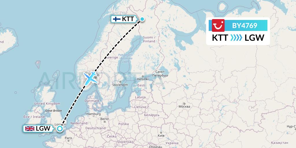 BY4769 TUI Airways Flight Map: Kittila to London