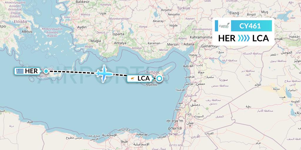 CY461 Cyprus Airways Flight Map: Heraklion to Larnaca