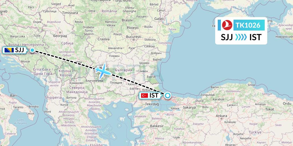 TK1026 Turkish Airlines Flight Map: Sarajevo to Istanbul