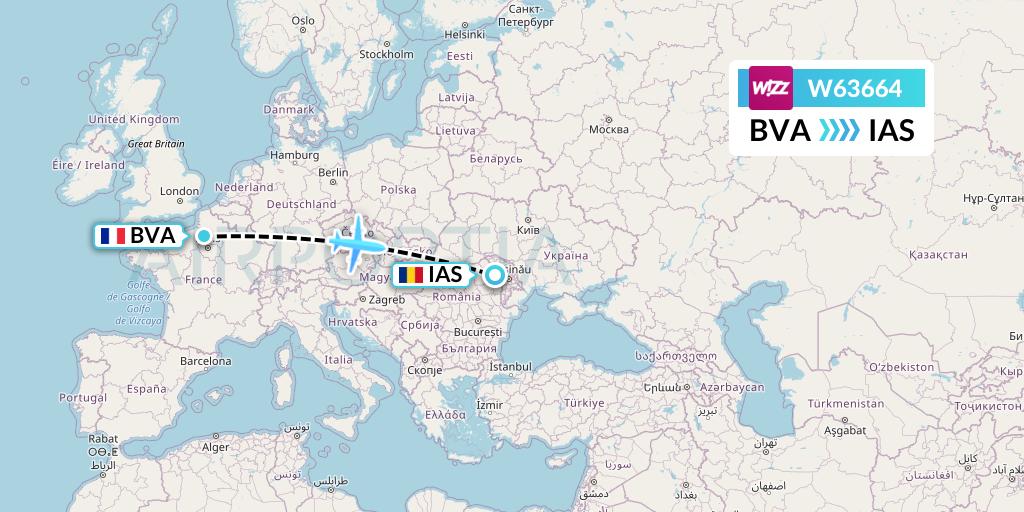 W63664 Wizz Air Flight Map: Paris to Iasi