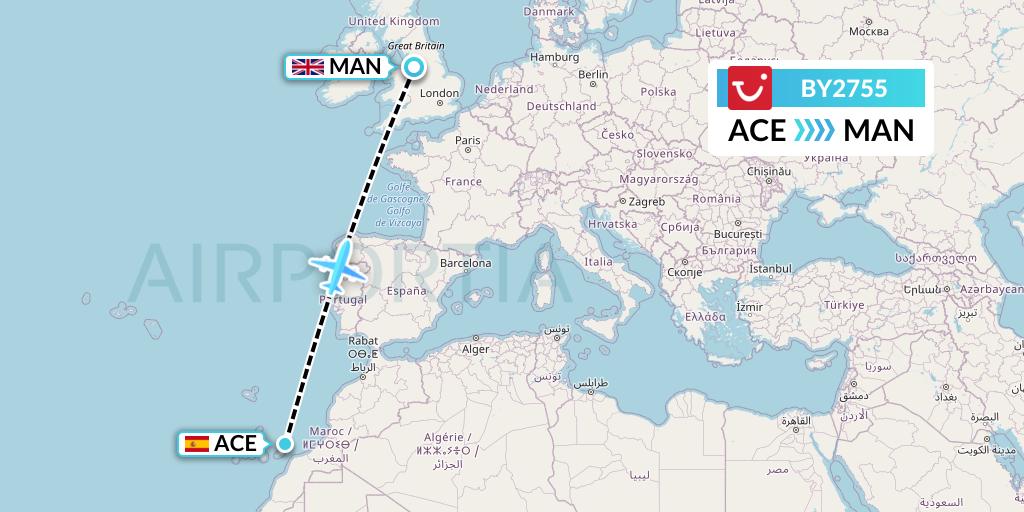 BY2755 TUI Airways Flight Map: Lanzarote to Manchester