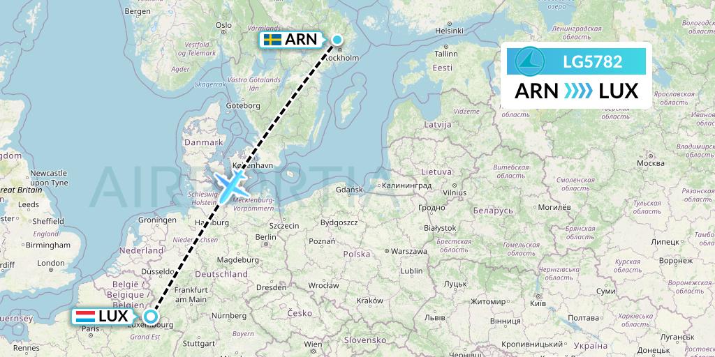 LG5782 Luxair Flight Map: Stockholm to Luxembourg