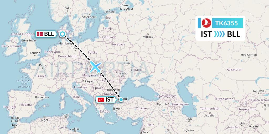 TK6355 Turkish Airlines Flight Map: Istanbul to Billund