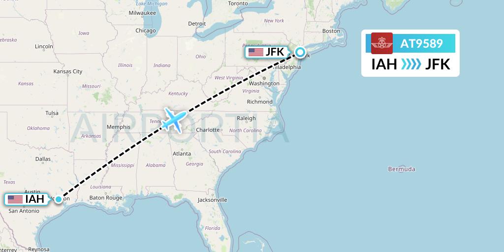 AT9589 Royal Air Maroc Flight Map: Houston to New York