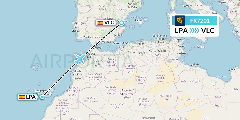 FR7201 Ryanair Flight Map: Las Palmas to Valencia