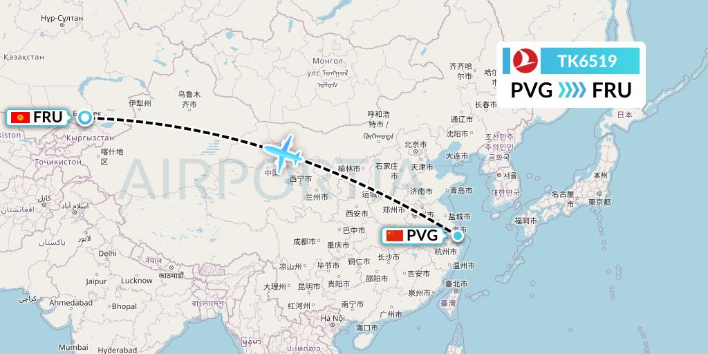 TK6519 Turkish Airlines Flight Map: Shanghai to Bishkek