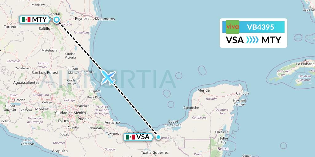 VB4395 VivaAerobus Flight Map: Villahermosa to Monterrey