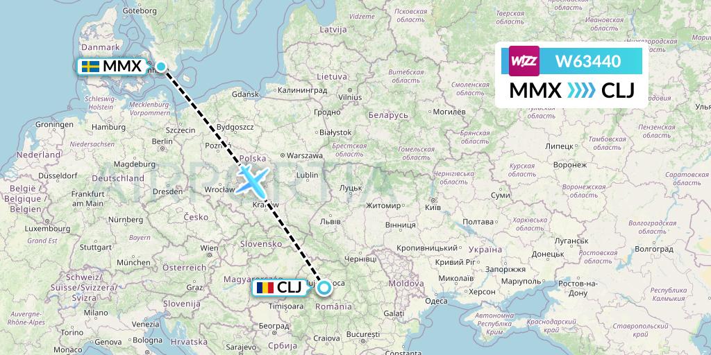 W63440 Wizz Air Flight Map: Malmo to Cluj-Napoca