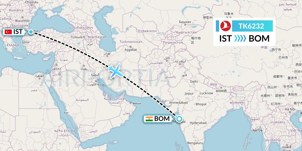 TK6232 Turkish Airlines Flight Map: Istanbul to Mumbai