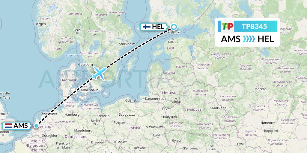 TP8345 TAP Portugal Flight Map: Amsterdam to Helsinki