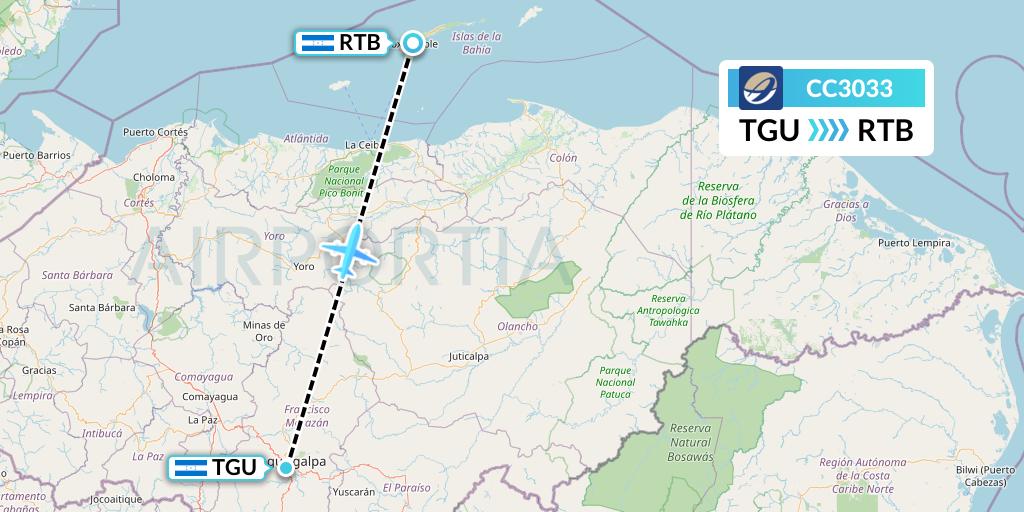 CC3033 CM Airlines Flight Map: Tegucigalpa to Roatan