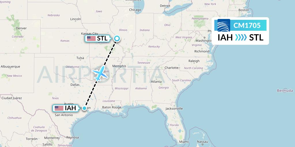 CM1705 Copa Airlines Flight Map: Houston to St. Louis