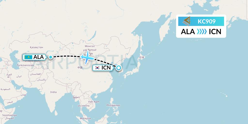 KC909 Air Astana Flight Map: Almaty to Seoul