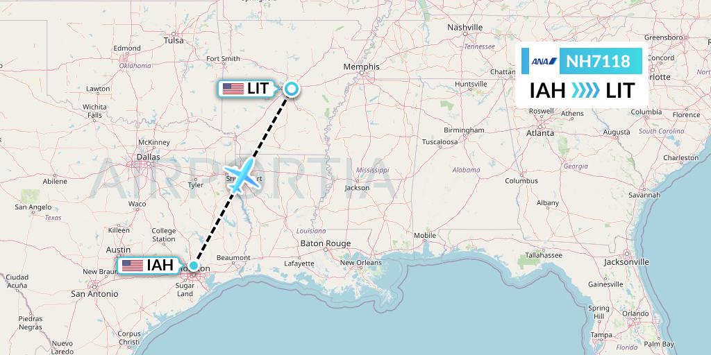 NH7118 All Nippon Airways Flight Map: Houston to Little Rock