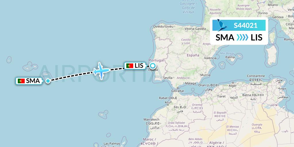 S44021 Azores Airlines Flight Map: Santa Maria to Lisbon