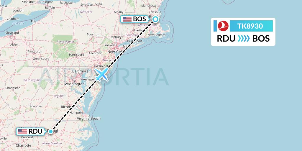 TK8930 Turkish Airlines Flight Map: Raleigh-Durham to Boston