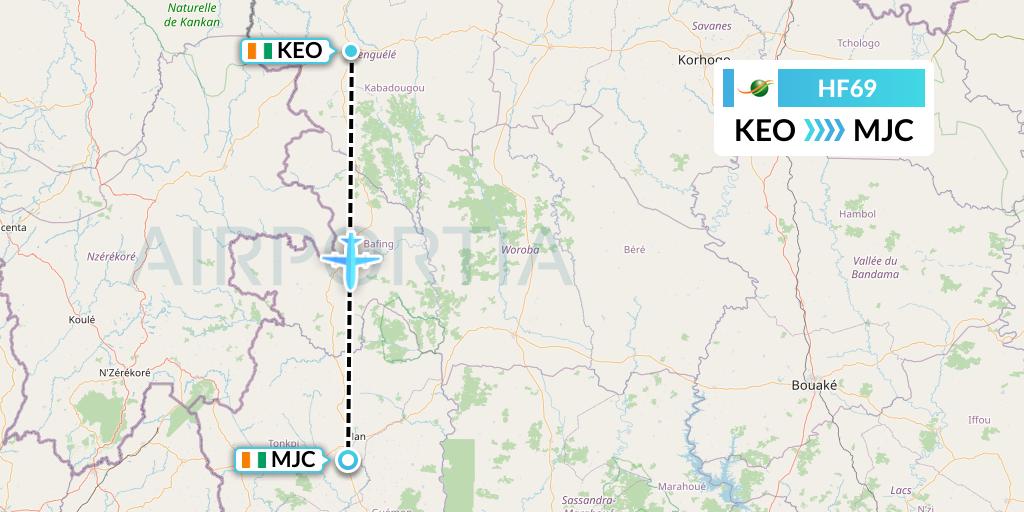 HF69 Air Cote d'Ivoire Flight Map: Odienne to Ivory Coast