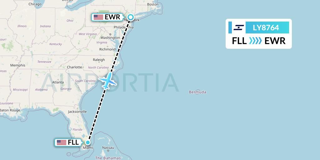 LY8764 El Al Flight Map: Fort Lauderdale to New York