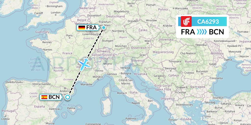 CA6293 Air China Flight Map: Frankfurt to Barcelona