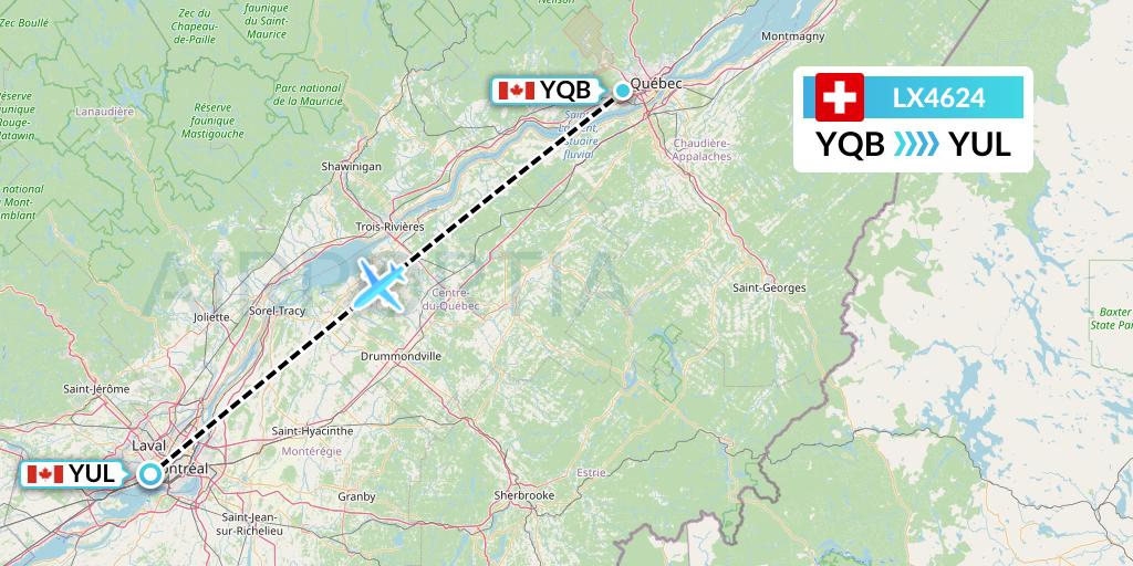 LX4624 Swiss Flight Map: Quebec to Montreal