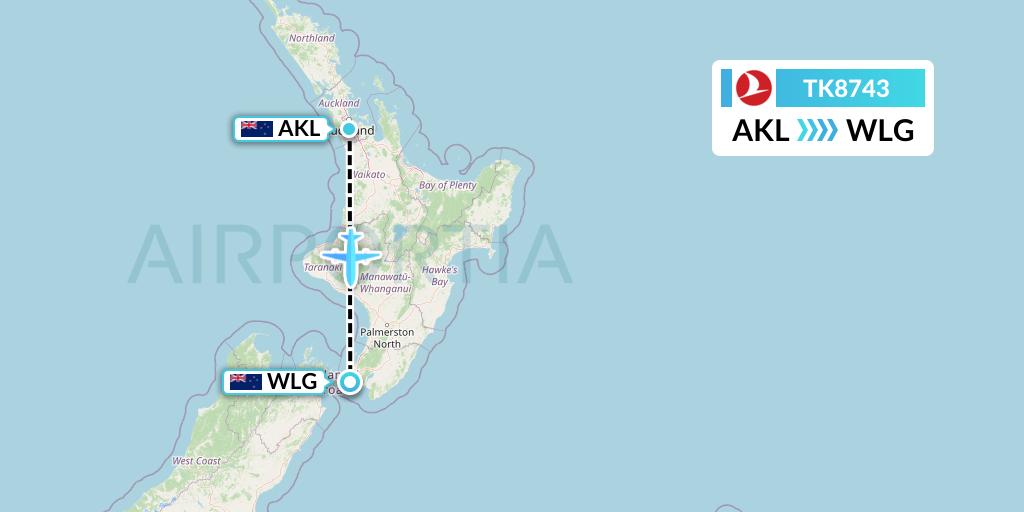 TK8743 Turkish Airlines Flight Map: Auckland to Wellington