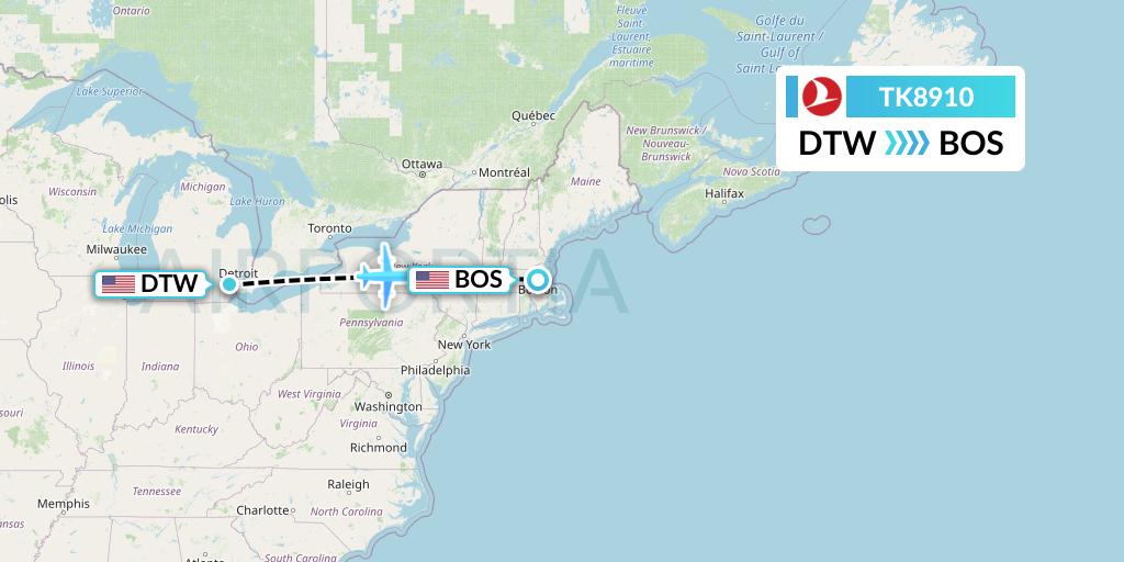 TK8910 Turkish Airlines Flight Map: Detroit to Boston