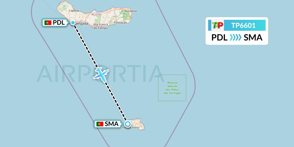 TP6601 TAP Portugal Flight Map: Ponta Delgada to Santa Maria