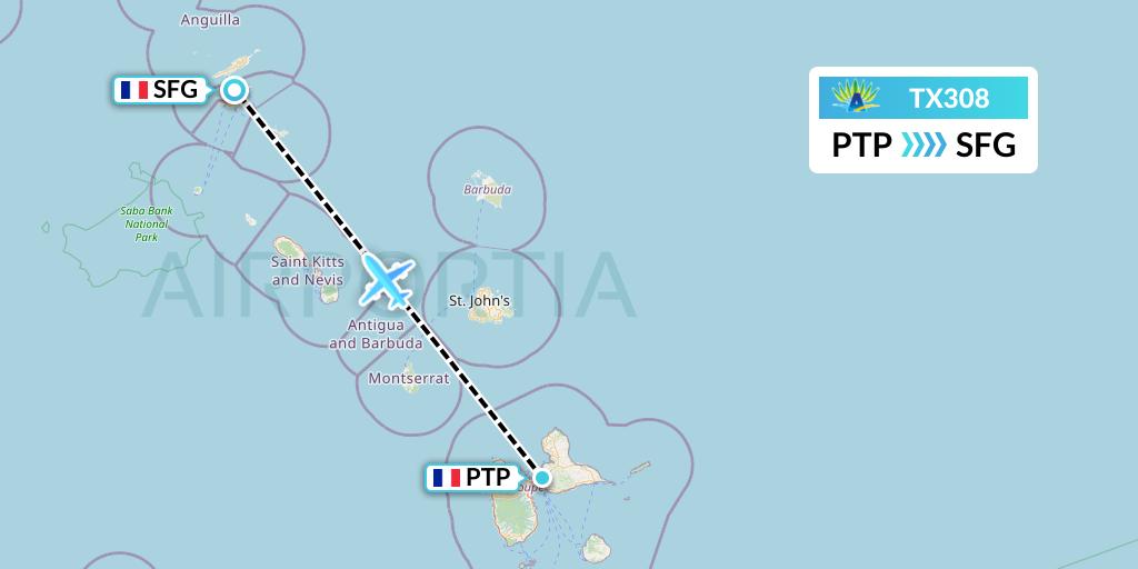 TX308 Air Caraibes Flight Map: Pointe-a-Pitre to Sint Maarten