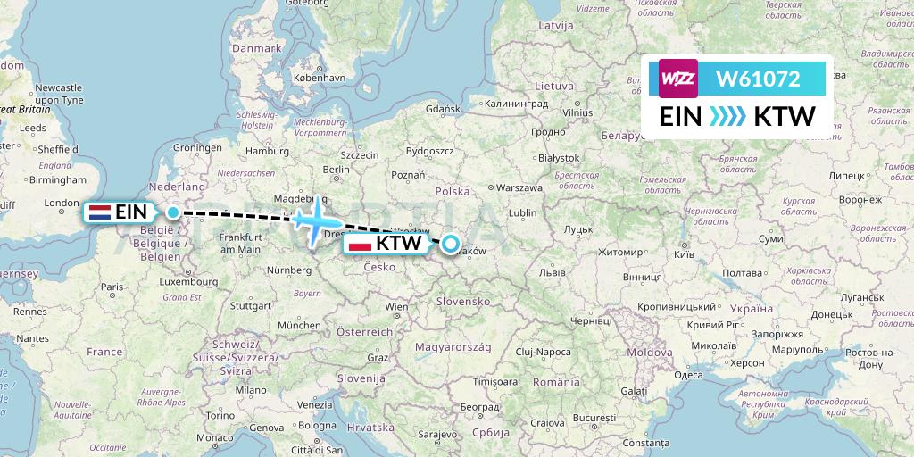 W61072 Wizz Air Flight Map: Eindhoven to Katowice