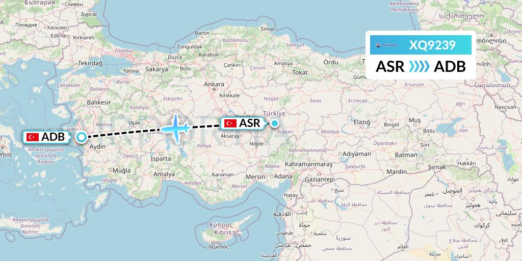 XQ9239 SunExpress Flight Map: Kayseri to Izmir
