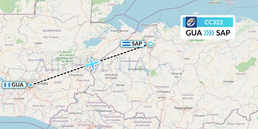 CC322 CM Airlines Flight Map: Guatemala City to San Pedro Sula