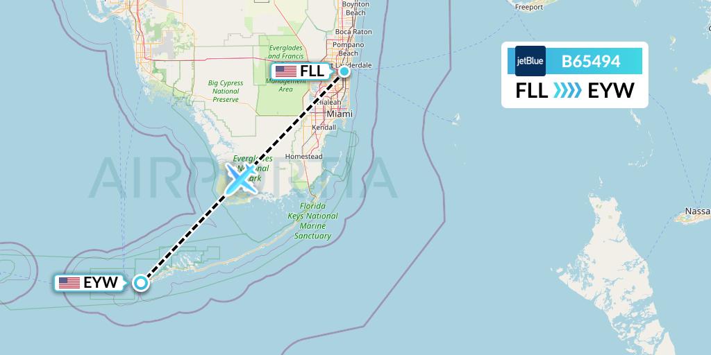 B65494 JetBlue Airways Flight Map: Fort Lauderdale to Key West