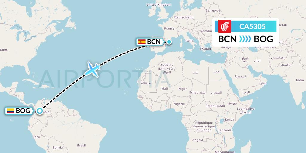 CA5305 Air China Flight Map: Barcelona to Bogota