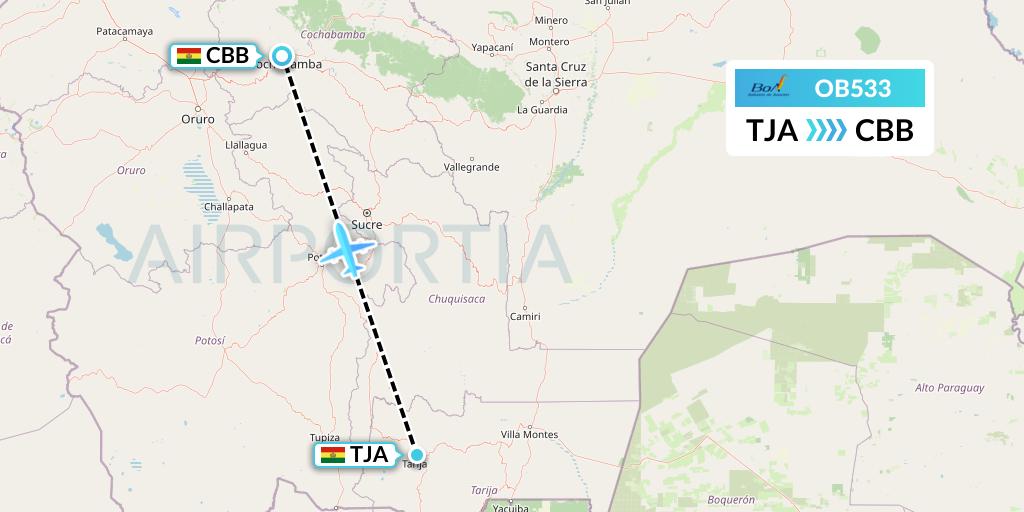OB533 Boliviana de Aviacion Flight Map: Tarija to Cochabamba