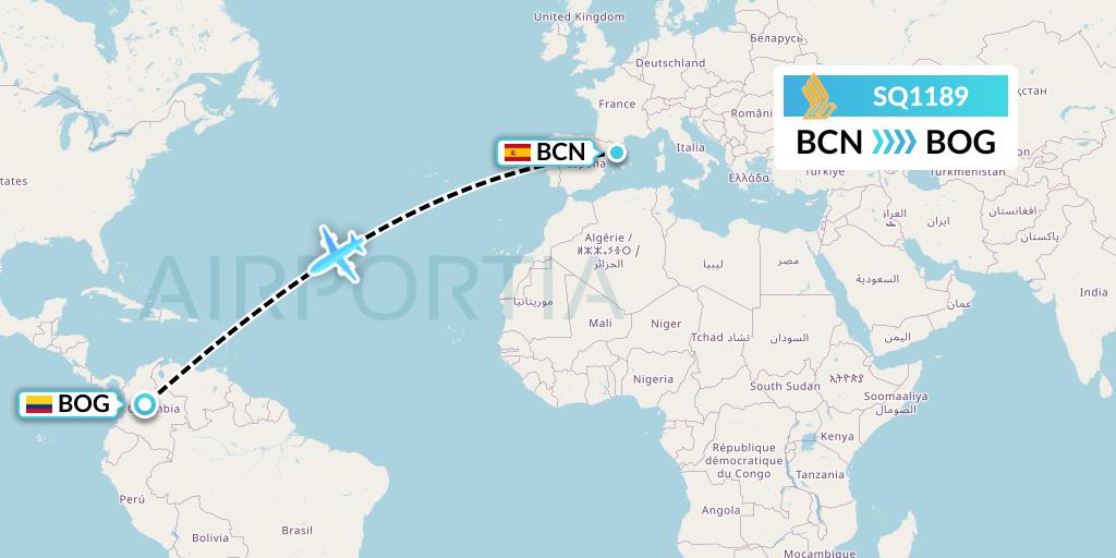 SQ1189 Singapore Airlines Flight Map: Barcelona to Bogota