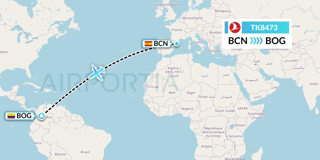TK8473 Turkish Airlines Flight Map: Barcelona to Bogota