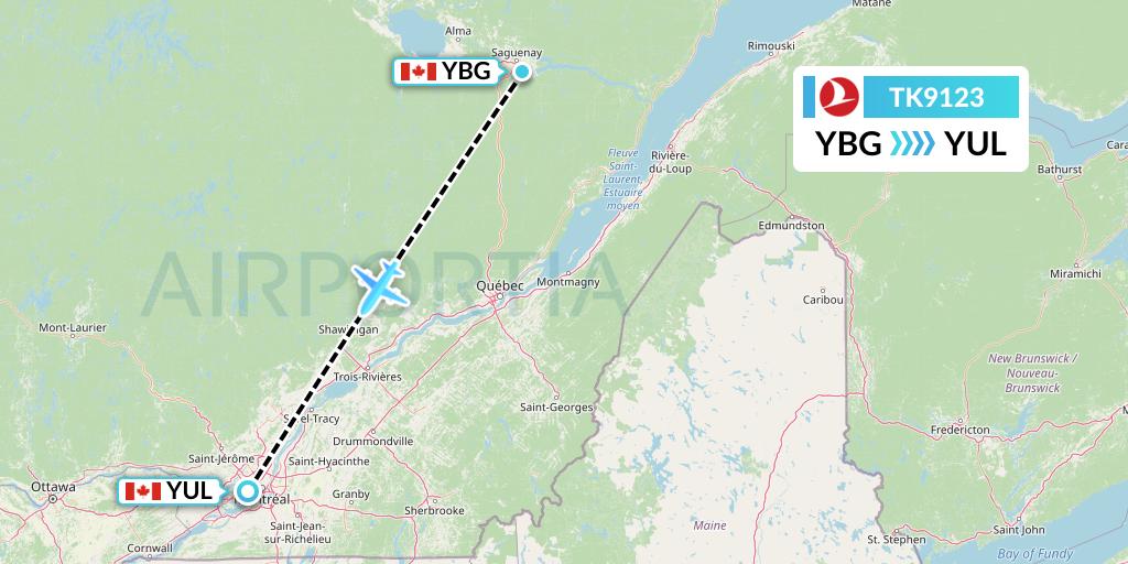 TK9123 Turkish Airlines Flight Map: Saguenay to Montreal