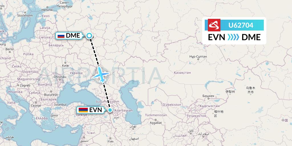 U62704 Ural Airlines Flight Map: Yerevan to Moscow