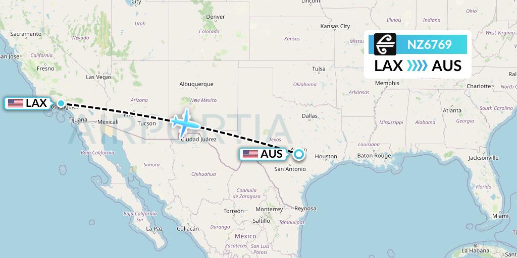 NZ6769 Air New Zealand Flight Map: Los Angeles to Austin