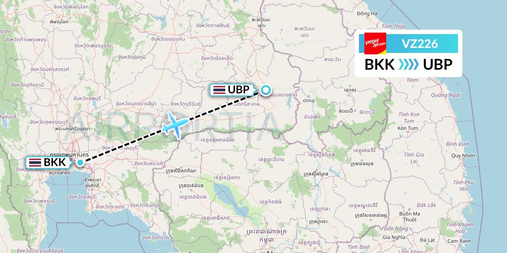 VZ226 Thai Vietjet Air Flight Map: Bangkok to Ubon Ratchathani