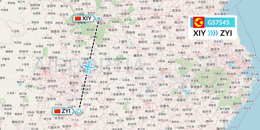 GS7545 Tianjin Airlines Flight Map: Xi'an to Zunyi