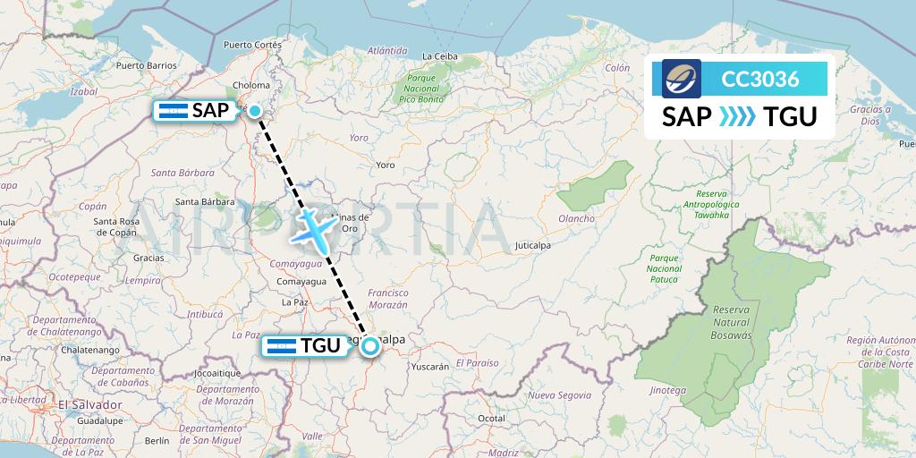 CC3036 CM Airlines Flight Map: San Pedro Sula to Tegucigalpa
