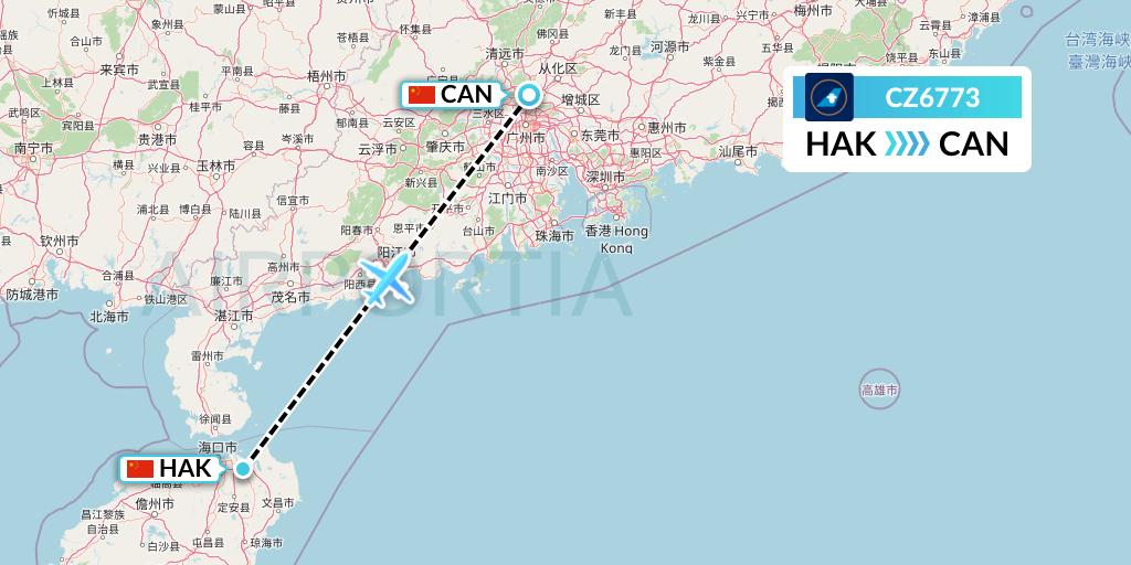 CZ6773 China Southern Airlines Flight Map: Haikou to Guangzhou