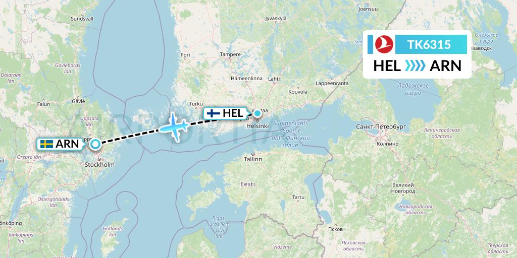 TK6315 Turkish Airlines Flight Map: Helsinki to Stockholm