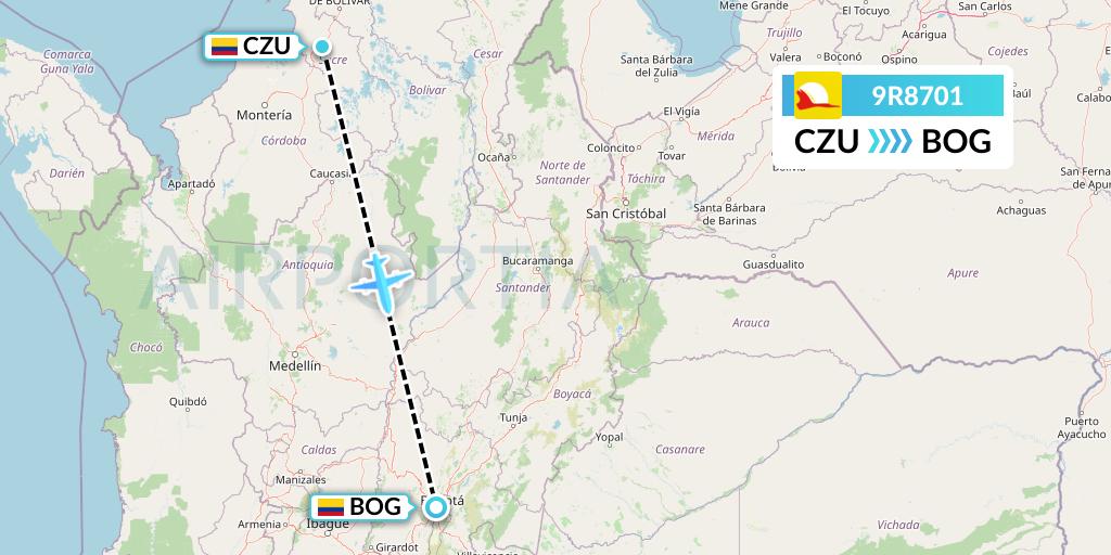 9R8701 Satena Flight Map: Corozal to Bogota